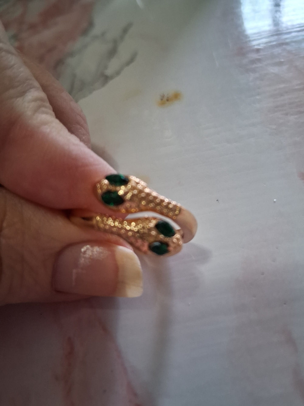Source Unknown Gold Snake Ring with Green Stones